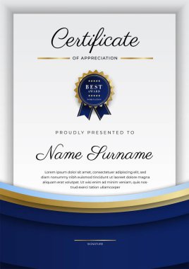 Modern mavi sertifika şablonu ve sınırı, ödül, diploma, onur, başarı, mezuniyet ve baskı için