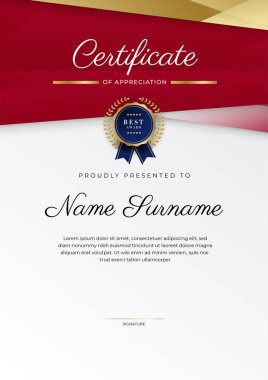 Modern kırmızı ve altın sertifika şablonu tasarımı