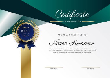 Modern koyu yeşil ve altın sertifika tasarım şablonu profesyonel tarzda, altın rozetli ve sınır çerçeveli. Vektör illüstrasyonu