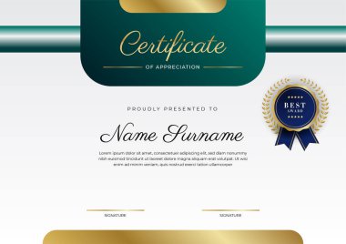 Modern koyu yeşil ve altın sertifika tasarım şablonu profesyonel tarzda, altın rozetli ve sınır çerçeveli. Vektör illüstrasyonu