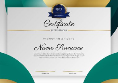 Modern koyu yeşil ve altın sertifika tasarım şablonu profesyonel tarzda, altın rozetli ve sınır çerçeveli. Vektör illüstrasyonu