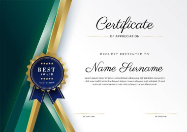 Modern koyu yeşil ve altın sertifika tasarım şablonu profesyonel tarzda, altın rozetli ve sınır çerçeveli. Vektör illüstrasyonu