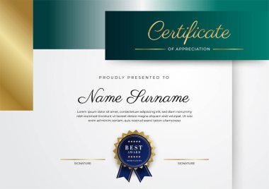 Modern koyu yeşil ve altın sertifika tasarım şablonu profesyonel tarzda, altın rozetli ve sınır çerçeveli. Vektör illüstrasyonu