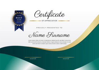 Modern koyu yeşil ve altın sertifika tasarım şablonu profesyonel tarzda, altın rozetli ve sınır çerçeveli. Vektör illüstrasyonu