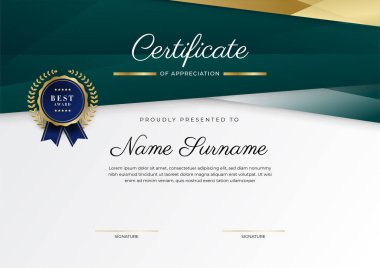 Modern koyu yeşil ve altın sertifika tasarım şablonu profesyonel tarzda, altın rozetli ve sınır çerçeveli. Vektör illüstrasyonu