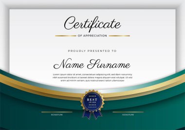 Modern koyu yeşil ve altın sertifika tasarım şablonu profesyonel tarzda, altın rozetli ve sınır çerçeveli. Vektör illüstrasyonu