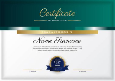 Modern koyu yeşil ve altın sertifika tasarım şablonu profesyonel tarzda, altın rozetli ve sınır çerçeveli. Vektör illüstrasyonu