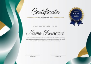 Modern koyu yeşil ve altın sertifika tasarım şablonu profesyonel tarzda, altın rozetli ve sınır çerçeveli. Vektör illüstrasyonu