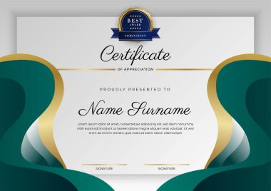 Modern koyu yeşil ve altın sertifika tasarım şablonu profesyonel tarzda, altın rozetli ve sınır çerçeveli. Vektör illüstrasyonu