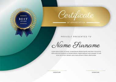 Modern koyu yeşil ve altın sertifika tasarım şablonu profesyonel tarzda, altın rozetli ve sınır çerçeveli. Vektör illüstrasyonu