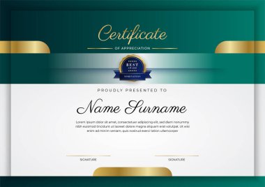 Modern koyu yeşil ve altın sertifika tasarım şablonu profesyonel tarzda, altın rozetli ve sınır çerçeveli. Vektör illüstrasyonu