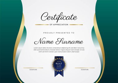 Modern koyu yeşil ve altın sertifika tasarım şablonu profesyonel tarzda, altın rozetli ve sınır çerçeveli. Vektör illüstrasyonu