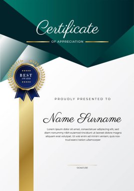 Modern koyu yeşil ve altın sertifika tasarım şablonu profesyonel tarzda, altın rozetli ve sınır çerçeveli. Vektör illüstrasyonu