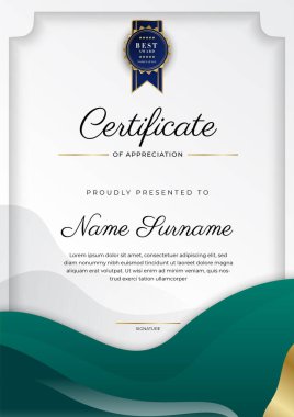 Modern koyu yeşil ve altın sertifika tasarım şablonu profesyonel tarzda, altın rozetli ve sınır çerçeveli. Vektör illüstrasyonu