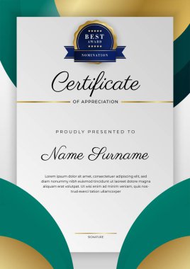 Modern koyu yeşil ve altın sertifika tasarım şablonu profesyonel tarzda, altın rozetli ve sınır çerçeveli. Vektör illüstrasyonu