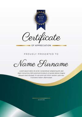 Modern koyu yeşil ve altın sertifika tasarım şablonu profesyonel tarzda, altın rozetli ve sınır çerçeveli. Vektör illüstrasyonu