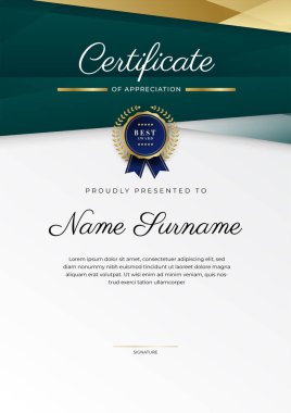 Modern koyu yeşil ve altın sertifika tasarım şablonu profesyonel tarzda, altın rozetli ve sınır çerçeveli. Vektör illüstrasyonu