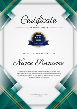 Modern koyu yeşil ve altın sertifika tasarım şablonu profesyonel tarzda, altın rozetli ve sınır çerçeveli. Vektör illüstrasyonu