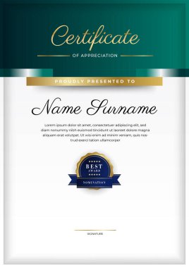 Modern koyu yeşil ve altın sertifika tasarım şablonu profesyonel tarzda, altın rozetli ve sınır çerçeveli. Vektör illüstrasyonu