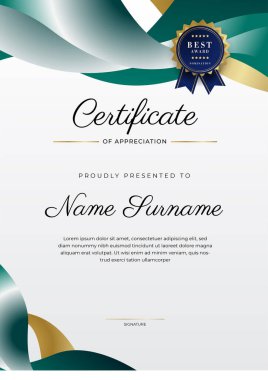 Modern koyu yeşil ve altın sertifika tasarım şablonu profesyonel tarzda, altın rozetli ve sınır çerçeveli. Vektör illüstrasyonu