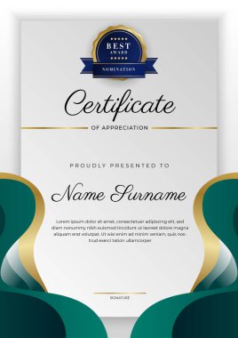 Modern koyu yeşil ve altın sertifika tasarım şablonu profesyonel tarzda, altın rozetli ve sınır çerçeveli. Vektör illüstrasyonu