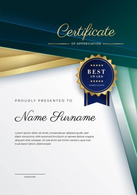Modern koyu yeşil ve altın sertifika tasarım şablonu profesyonel tarzda, altın rozetli ve sınır çerçeveli. Vektör illüstrasyonu