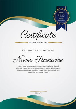 Modern koyu yeşil ve altın sertifika tasarım şablonu profesyonel tarzda, altın rozetli ve sınır çerçeveli. Vektör illüstrasyonu