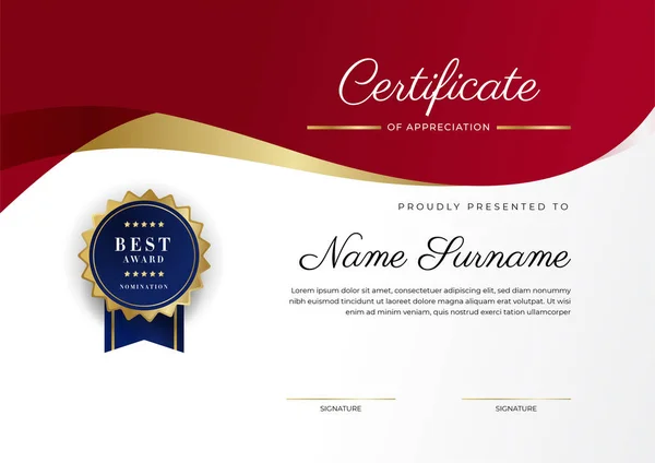 Design Moderno Elegante Modello Certificato Diploma Rosso Oro — Vettoriale Stock