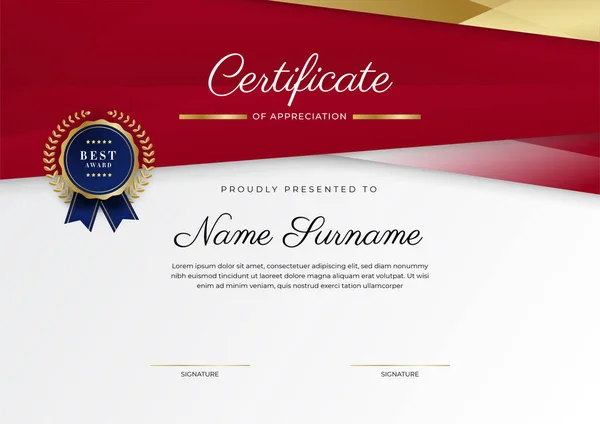 Design Modelo Certificado Diploma Elegante Moderno Vermelho Ouro —  Vetores de Stock