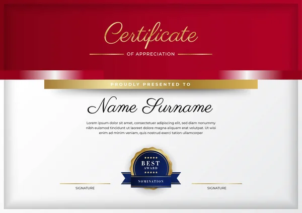 Design Moderno Elegante Modello Certificato Diploma Rosso Oro — Vettoriale Stock