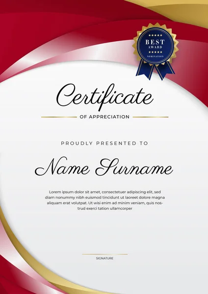 Design Moderno Elegante Modello Certificato Diploma Rosso Oro — Vettoriale Stock