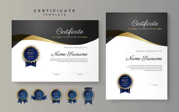 Чорний Золотий Сертифікат Досягнень Шаблон Кордону Розкішним Значком Сучасним Лінійним — стоковий вектор