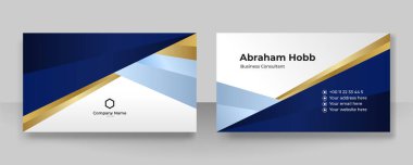 Modern yaratıcı ve temiz mavi altın kartvizit tasarım şablonu. Lüks, zarif bir kartvizit tasarımı, modaya uygun basit geometrik dalga çizgileriyle. Vektör illüstrasyonu