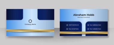 Modern yaratıcı ve temiz mavi altın kartvizit tasarım şablonu. Lüks, zarif bir kartvizit tasarımı, modaya uygun basit geometrik dalga çizgileriyle. Vektör illüstrasyonu