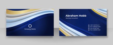 Modern yaratıcı ve temiz mavi altın kartvizit tasarım şablonu. Lüks, zarif bir kartvizit tasarımı, modaya uygun basit geometrik dalga çizgileriyle. Vektör illüstrasyonu