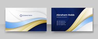 Modern yaratıcı ve temiz mavi altın kartvizit tasarım şablonu. Lüks, zarif bir kartvizit tasarımı, modaya uygun basit geometrik dalga çizgileriyle. Vektör illüstrasyonu