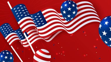 Amerikan kırmızı ve mavi tasarım arka planına sahip Bağımsızlık Günü seti