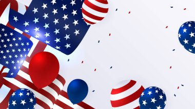 Amerikan kırmızı ve mavi tasarım arka planına sahip Bağımsızlık Günü seti