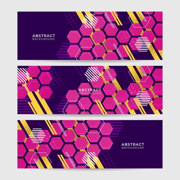 Set Van Hexagonal Abstracte Roze Paarse Kleurrijke Memphis Brede Banner — Stockvector