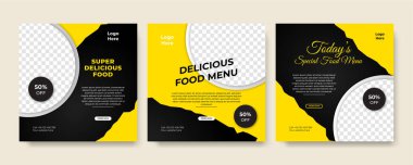 Süper lezzetli fast food sosyal medya şablonu. Çevrimiçi pazarlama promosyonu için sağlıklı, lezzetli yemek afişi, broşür veya poster tasarımı. Marka logolu restoran menü tasarımı.
