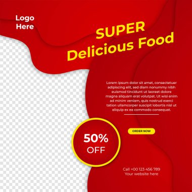 Süper lezzetli fast food sosyal medya şablonu. Çevrimiçi pazarlama promosyonu için sağlıklı, lezzetli yemek afişi, broşür veya poster tasarımı. Marka logolu restoran menü tasarımı.