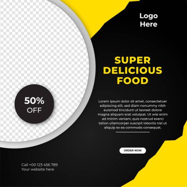 Süper lezzetli fast food sosyal medya şablonu. Çevrimiçi pazarlama promosyonu için sağlıklı, lezzetli yemek afişi, broşür veya poster tasarımı. Marka logolu restoran menü tasarımı.