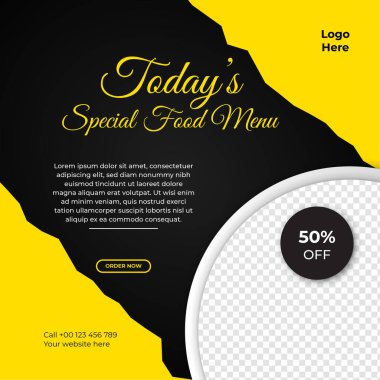 Süper lezzetli fast food sosyal medya şablonu. Çevrimiçi pazarlama promosyonu için sağlıklı, lezzetli yemek afişi, broşür veya poster tasarımı. Marka logolu restoran menü tasarımı.