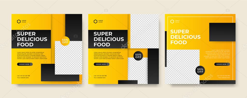 Fast food restaurant business marketing social media post or web banner template design with abstract background, logo and icon. Healthy food delivery online sale promotion flyer or poster.