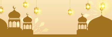 Hilal desenli ay yıldızı cami feneriyle İslami Ramazan Kareem afişi. Vektör çizimi. Ramadhan sarı altın sarısı renkli geniş pankart tasarımı arka plan