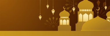 Hilal desenli ay yıldızı cami feneriyle İslami Ramazan Kareem afişi. Vektör çizimi. Ramadhan altın renkli geniş pankart tasarım arka planı