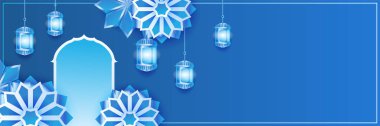Hilal desenli ay yıldızı cami feneriyle İslami Ramazan Kareem afişi. Vektör çizimi. Ramadhan mavi renkli geniş pankart tasarım arka planı