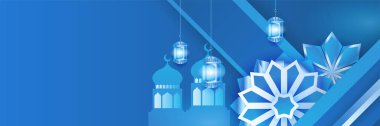 Hilal desenli ay yıldızı cami feneriyle İslami Ramazan Kareem afişi. Vektör çizimi. Ramadhan mavi renkli geniş pankart tasarım arka planı