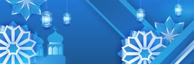 Hilal desenli ay yıldızı cami feneriyle İslami Ramazan Kareem afişi. Vektör çizimi. Ramadhan mavi renkli geniş pankart tasarım arka planı