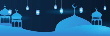 Hilal desenli ay yıldızı cami feneriyle İslami Ramazan Kareem afişi. Vektör çizimi. Ramadhan mavi renkli geniş pankart tasarım arka planı